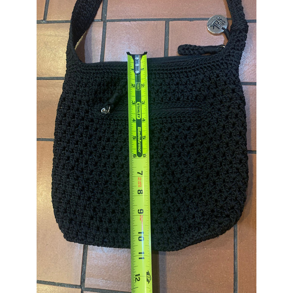 The Sak Crochet Black Handbag Crossbody Vintage Purse Shoulder Bag Zip Pockets - Picture 4 of 9